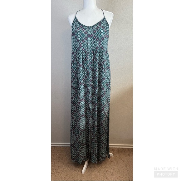 Roxy Start Something Green Pink Strappy Maxi Dress Lightweight Boho Tie Back XL - Picture 2 of 15